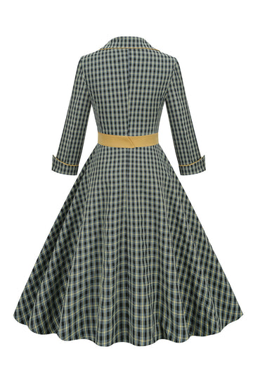1950s Vestido verde com 3/4 mangas pescoço V